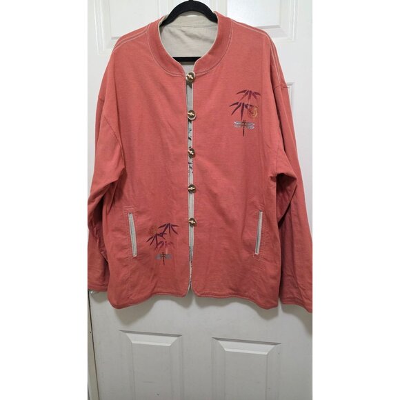 Paint Beige Reversible Jacket Bamboo & Dragonfly Print Unique Button Long Sleeve - Picture 6 of 8